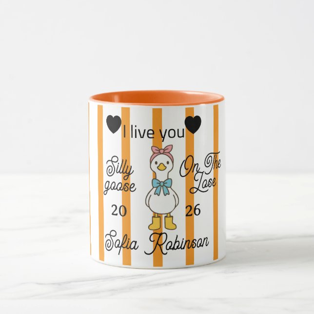 Cute Silly Goose Pink Stripe Personalized Mug Mugg (Center)