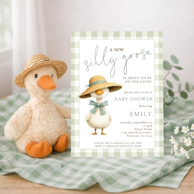 Cute Silly Goose Sage Gingham Baby Shower Inbjudningar (Skapare uppladdad)