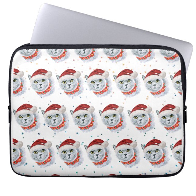 Cute Silver Cat med jultomten jul Laptop Fodral (Framsidan)