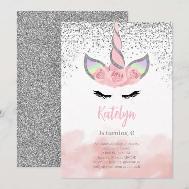 Cute Silver Glitter Unicorn Birthday Inbjudningar (Fram/baksida)
