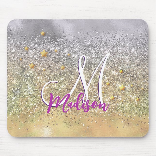 Cute silver guld Glitter-stjärnor, monogram Musmatta (Framsidan)