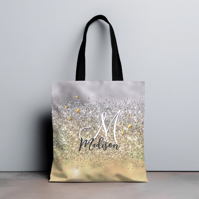 Cute silver guld Glitter-stjärnor, monogram Tygkasse (Skapare uppladdad)