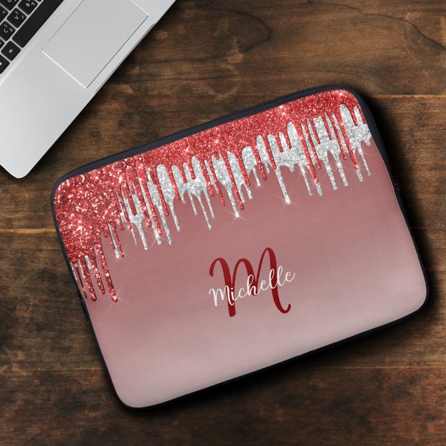 Cute Silver Red Glitter Drip Monogram Gnistra Laptop Fodral (Skapare uppladdad)