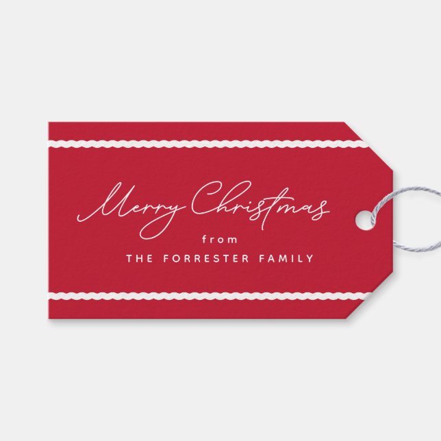 Cute simpel röd helgdag vågigt vitt linjer presentetikett (Framsidan (Horisontell))
