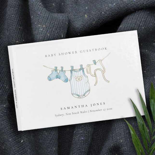 Cute Simple Aqua Blue Clothesline Boy Shower Gästböcker (Skapare uppladdad)