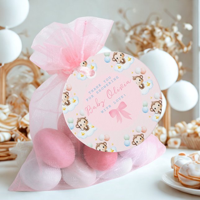 Cute Simple Baby Monkey Balloons Rosa Tack Gåvor Etiketter (Modern cute simple baby name baby monkey baby shower favor )