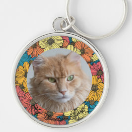 Cute Simple Blommigt Pet Memorial Photo Keychain Rund Silverfärgad Nyckelring