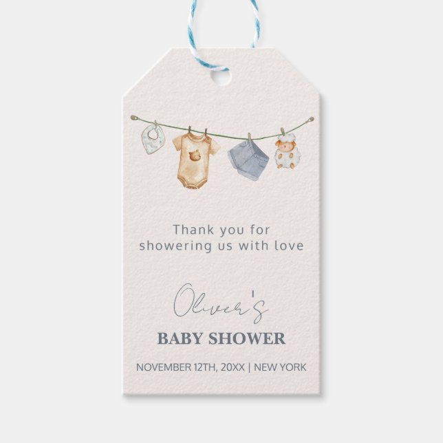 Cute Simple Boho Clothesline Baby Shower Presentetikett (Framsidan)