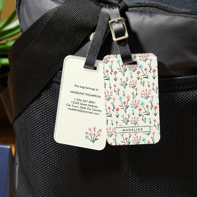 Cute Simple Botanical Pink Blue Flower Floral Bagagebricka (Skapare uppladdad)