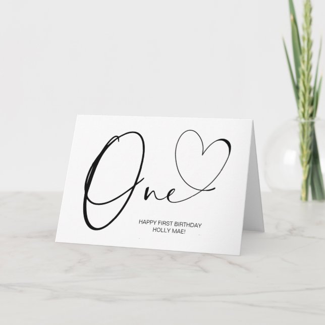 Cute Simple First Birthday One Heart Kort (Framsida)