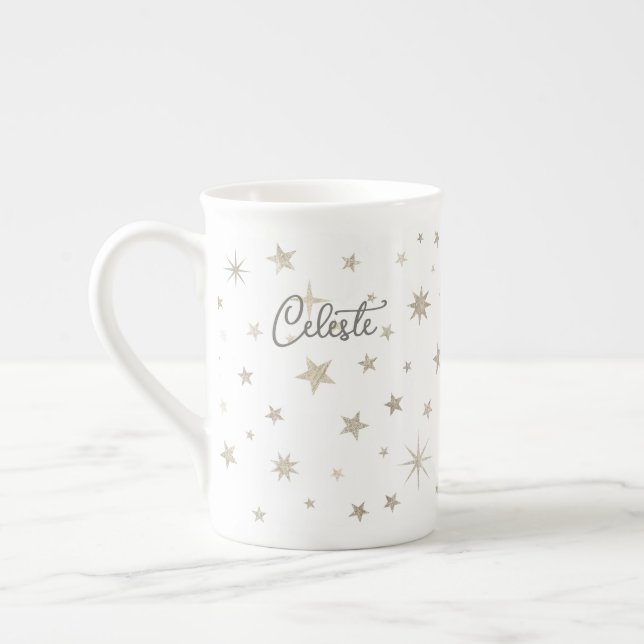 Cute Simple Gender Neutral White Silver Star Fairy Benporslin Mugg (Vänster)