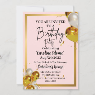 Cute Simple Guld & Rosa Birthday-inbjudan Anteckningskort