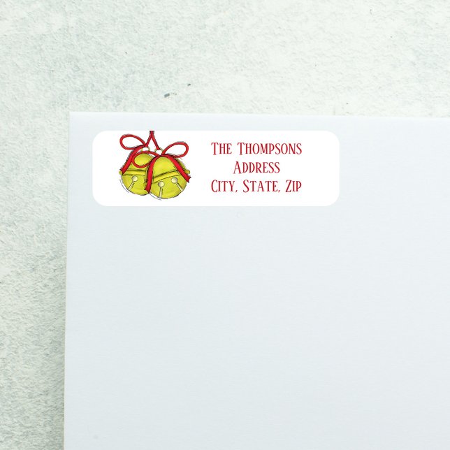 Cute Simple Helgdag-julhälsning Returadress Etikett (Festive Christmas return address label with gold jingle bells and red ribbon bow.)