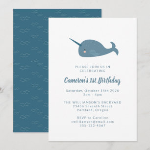 Cute Simple Narwhean Blue 1 Birthday Party Inbjudningar