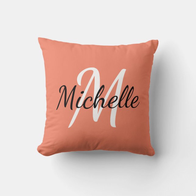 Cute Simple Orange Monogram Initialer + Namn Kudde (Framsida)