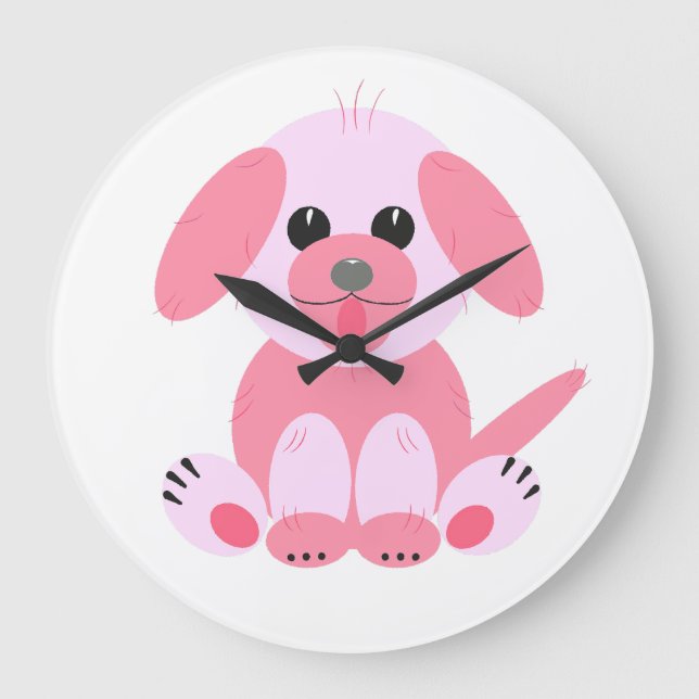 Cute Simple Puppy Hund Rosa Tecknad Girl Stor Klocka (Framsida)