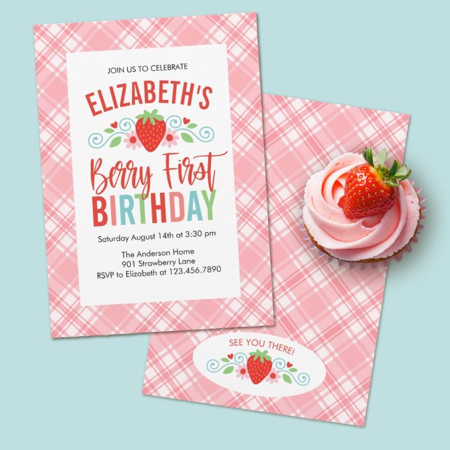Cute Simple Red Berry Sweet Birthday Inbjudningar (Berry first birthday party invitations make a sweet theme for a girls first birthday party.)