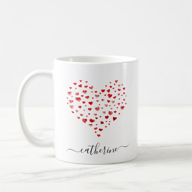 Cute Simple Red Watercolor Hearts Namn Kaffemugg (Vänster)