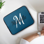 Cute Simple Snyggt Monogram Namn Initial Blue Laptop Fodral<br><div class="desc">Bärbar dator fodral med mörk blått bakgrund och vit anpassningsbar monogram första gången och första namn.</div>