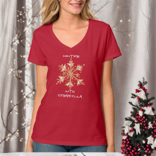 Cute simple typography vintersnöflingerröd guld t shirt