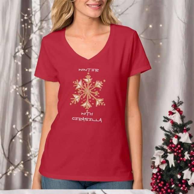 Cute simple typography vintersnöflingerröd guld t shirt (Skapare uppladdad)