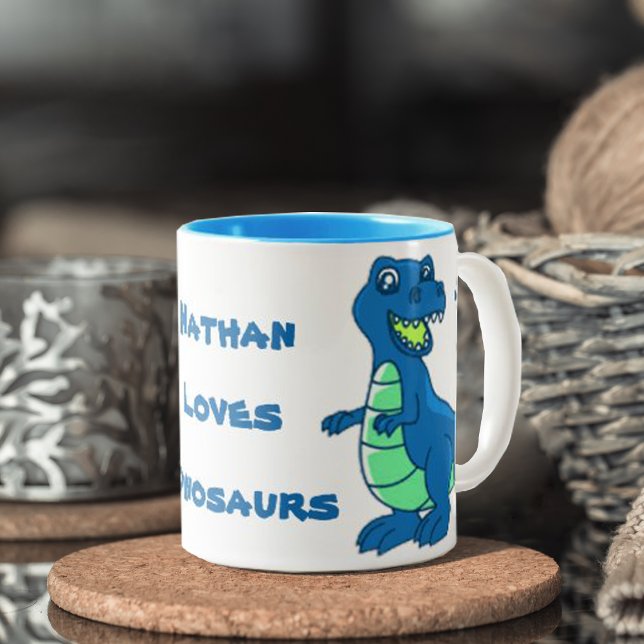 Cute Simple White Blue Tass Namn Dinosaur Två-Tonad Mugg (Skapare uppladdad)