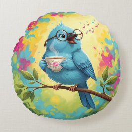 Cute Singing Blue Bird Round Pillow  Rund Kudde