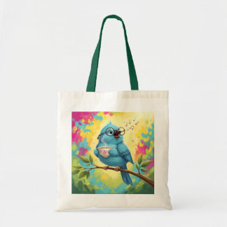 Cute Singing Blue Bird Tote Bag | Cozy Coffee Love Tygkasse