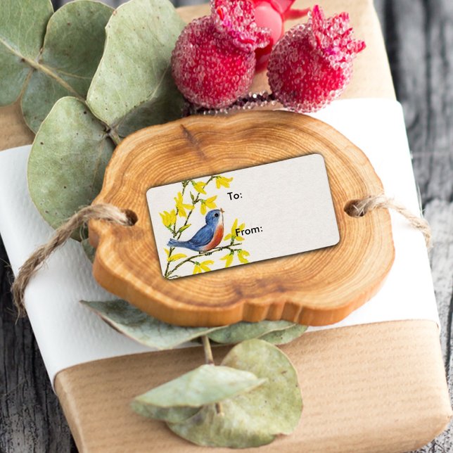 Cute Singing Blue Bird Träd Adressetikett (Gift tag label of cute blue red bird on branch with yellow flowers on white.)