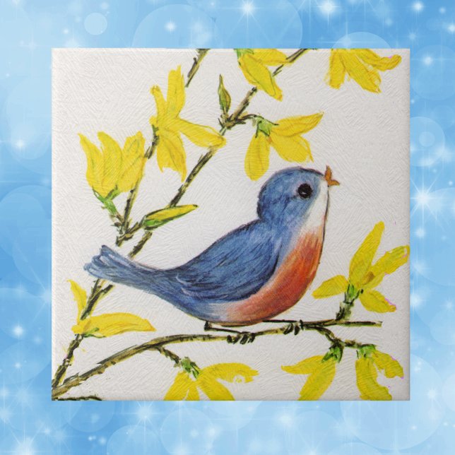 Cute Singing Blue Bird Träd Gren Kakelplatta (Sweet blue red bird on branch yellow flowers on faux textured white decorative tile.)