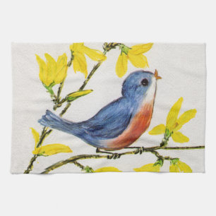 Cute Singing Blue Bird Träd Gren Kökshandduk