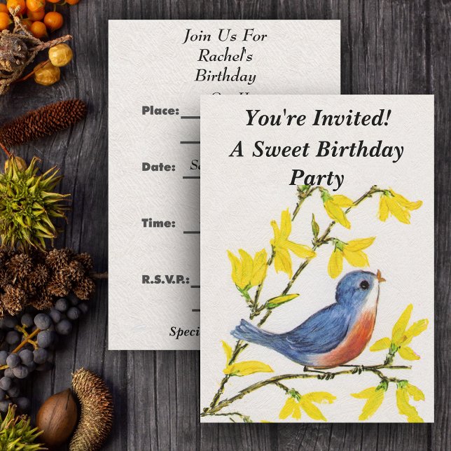 Cute Singing Blue Bird Träd Inbjudningar (Cute blue red bird on branch yellow flowers on white party invitations.)