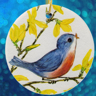 Cute Singing Blue Bird Träd Julgransprydnad Keramik