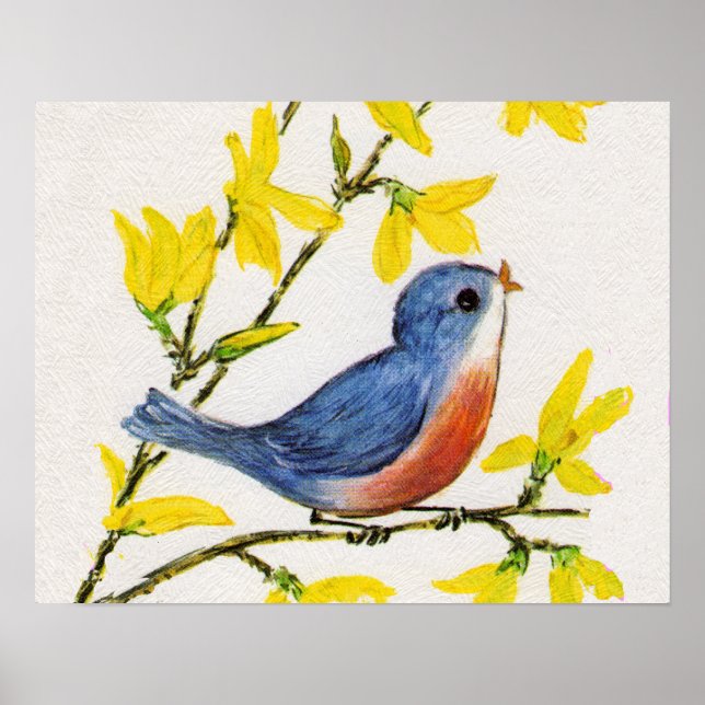 Cute Singing Blue Bird Träd Poster (Framsidan)