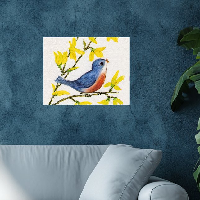 Cute Singing Blue Bird Träd Poster (Pretty singing blue red bird in tree yellow flowers on faux textured white wall poster.)