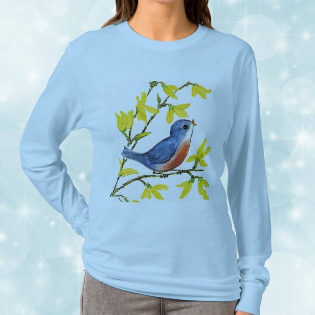 Cute Singing Blue Bird Träd Tee (Pretty blue red bird on branch with bright yellow flowers on woman's long sleeve shirt.)