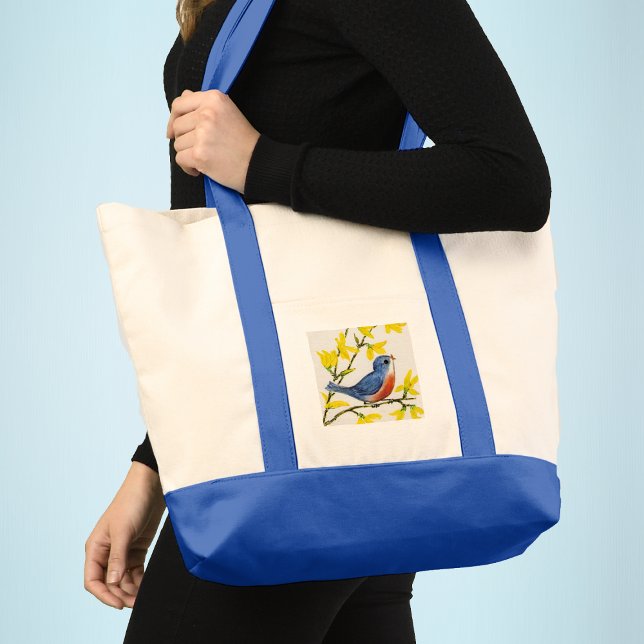 Cute Singing Blue Bird Träd Tygkasse (Singing blue red bird on branch with pretty yellow flowers on white and blue tote bag.)