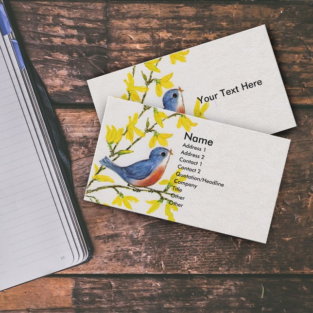 Cute Singing Blue Bird Träd Visitkort (Cute spring time red blue bird on branch yellow flowers on white business card.)