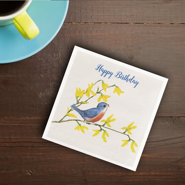 Cute Singing Blue Red Bird on Gren Gult Flower Pappersservett (Singing blue and red bird on branch yellow flowers on white Happy Birthday paper party napkins.)