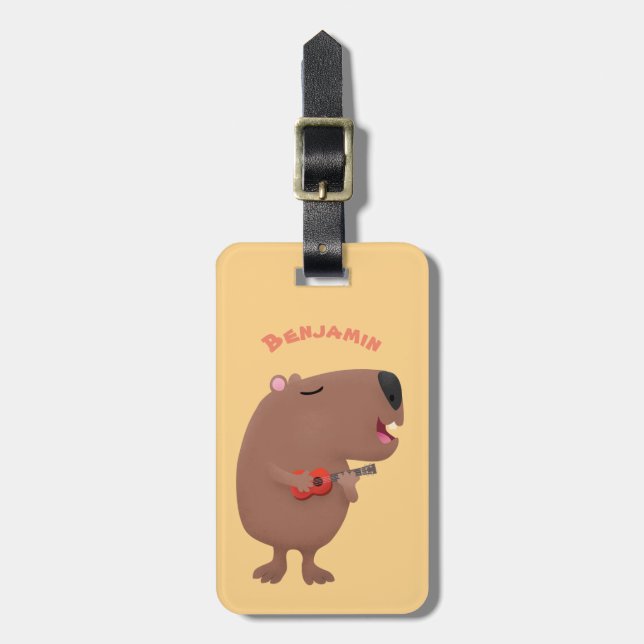 Cute singing capybara ukulele tecknad illustration bagagebricka (Vertikal Framsida)