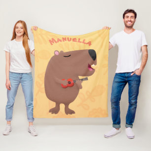Cute singing capybara ukulele tecknad illustration fleecefilt