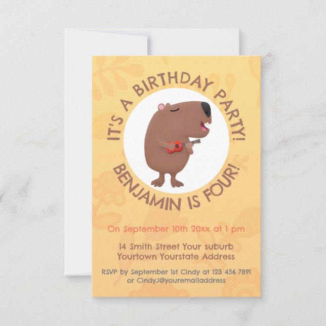 Cute singing capybara ukulele tecknad illustration inbjudningar (Framsida)