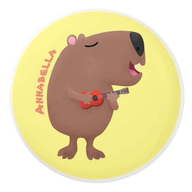 Cute singing capybara ukulele tecknad illustration knopp (Framsidan)