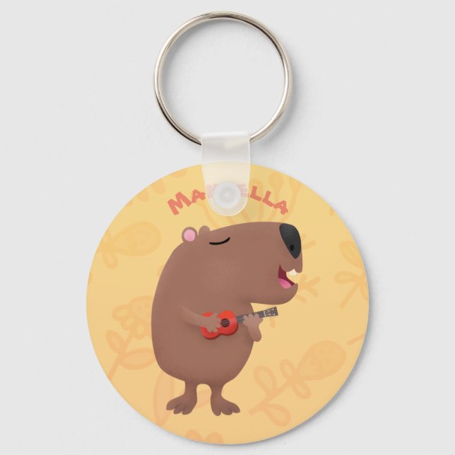 Cute singing capybara ukulele tecknad illustration nyckelring (Framsida)