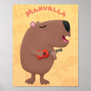 Cute singing capybara ukulele tecknad illustration poster