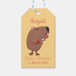 Cute singing capybara ukulele tecknad illustration presentetikett