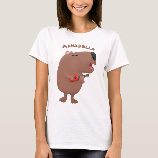 Cute singing capybara ukulele tecknad illustration t shirt (Framsida)