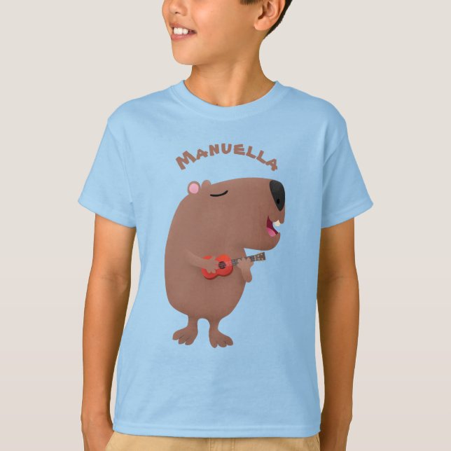 Cute singing capybara ukulele tecknad illustration t shirt (Framsida)