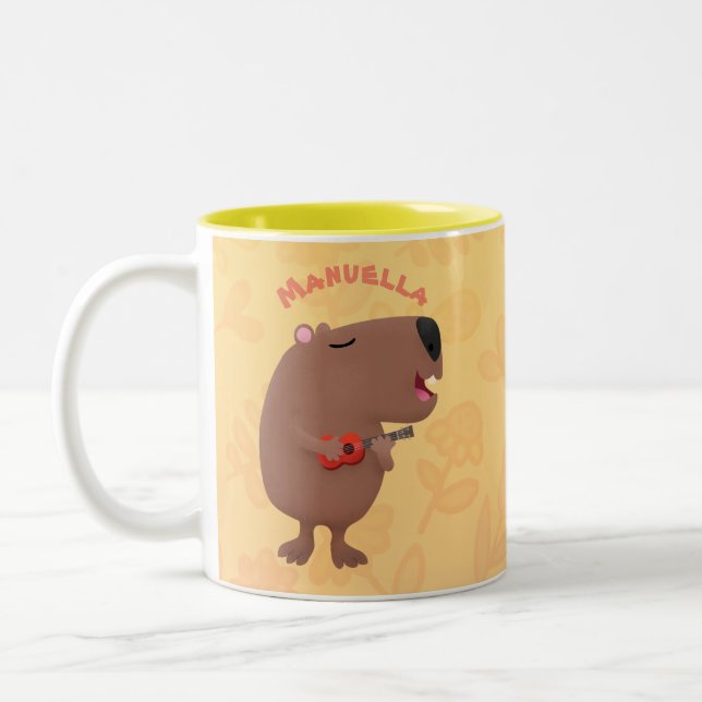 Cute singing capybara ukulele tecknad illustration Två-Tonad mugg (Vänster)