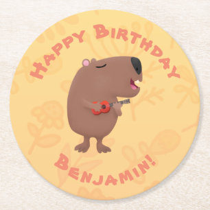 Cute singing capybara ukulele tecknad illustration underlägg papper rund